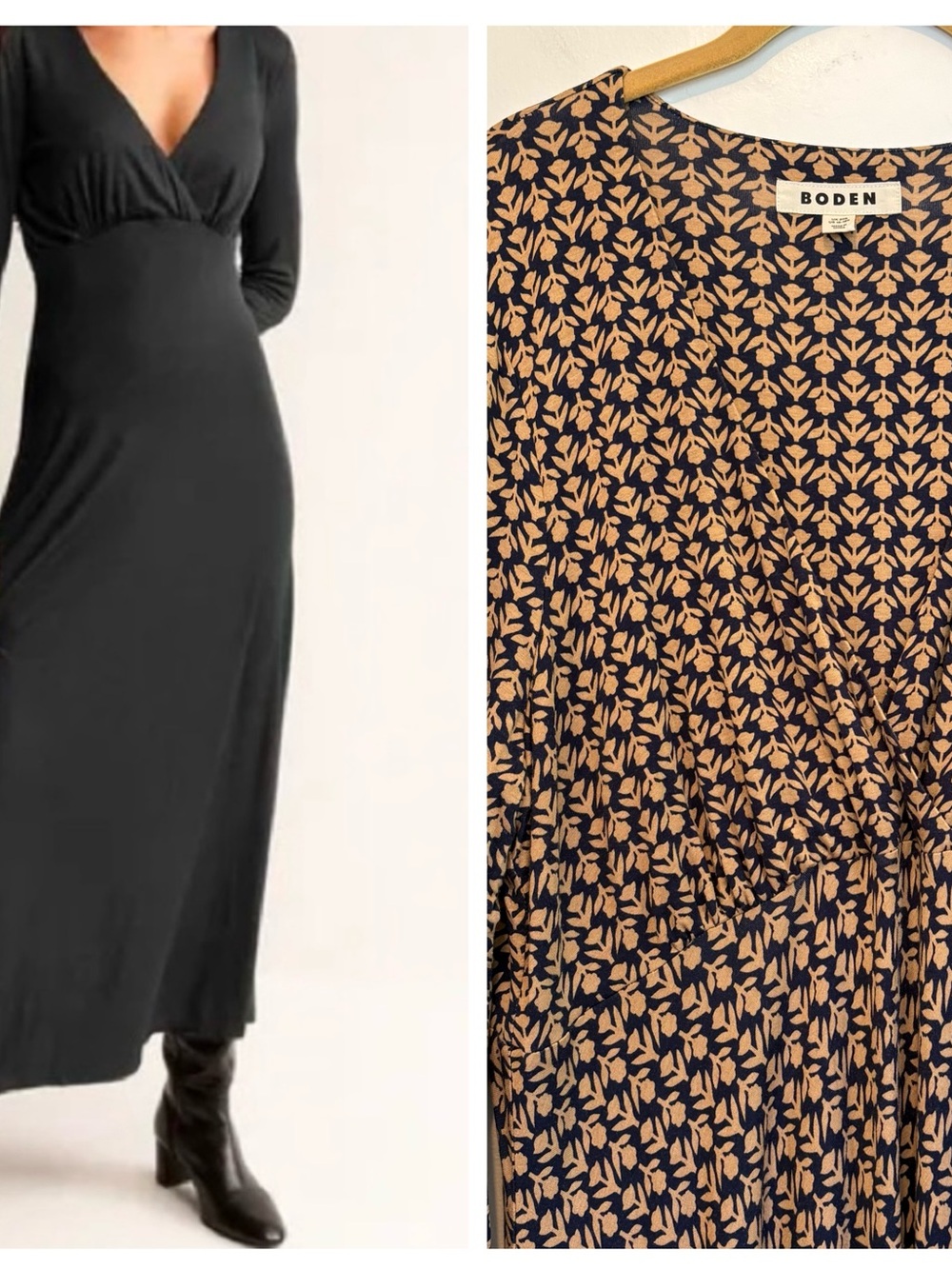Boden Jersey V-Neck Tea Dress 16 Long Sleeve Navy & Tan Floral